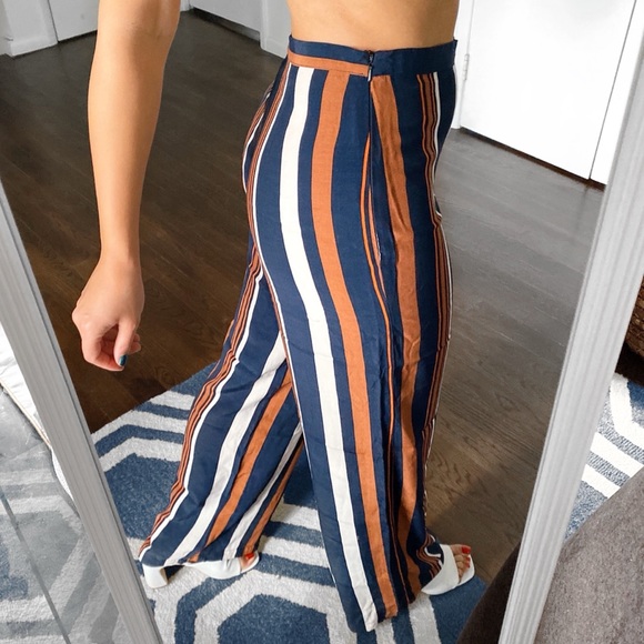 🍂 TOPSHOP DARK BLUE BURNT ORANGE WIDE LEG HIGH WAIST STRIPE PANTS! - Picture 3 of 12